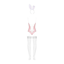 Costum sexy iepuraș OBSESSIVE Bunny Costume, corset cu jartiere + chilot cu coadă de iepuraș + bentiță cu urechi + ciorapi, roz cu alb, mărime L/XL