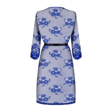Set lenjerie sexy OBSESSIVE, halat cu dantelă decorativă și cordon din satin + chilot tanga, culoare albastru transparent, mărime L/XL