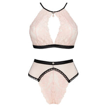 Lenjerie sexy 2 piese OBSESSIVE Lilines Set, cu sutien și chiloți cu talie înaltă, design cu dantelă și plasă, roz pastel cu negru, mărime S/M