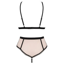 Lenjerie sexy 2 piese OBSESSIVE Lilines Set, cu sutien și chiloți cu talie înaltă, design cu dantelă și plasă, roz pastel cu negru, mărime S/M