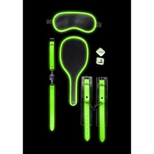 Set OUCH! Bondage Kit Glow In The Dark, pentru jocuri BDSM, cu cătușe, căluș, mască, paletă și zaruri, negru cu verde fluorescent