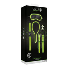 Set OUCH! Bondage Kit Glow In The Dark, pentru jocuri BDSM, cu cătușe, căluș, mască, paletă și zaruri, negru cu verde fluorescent