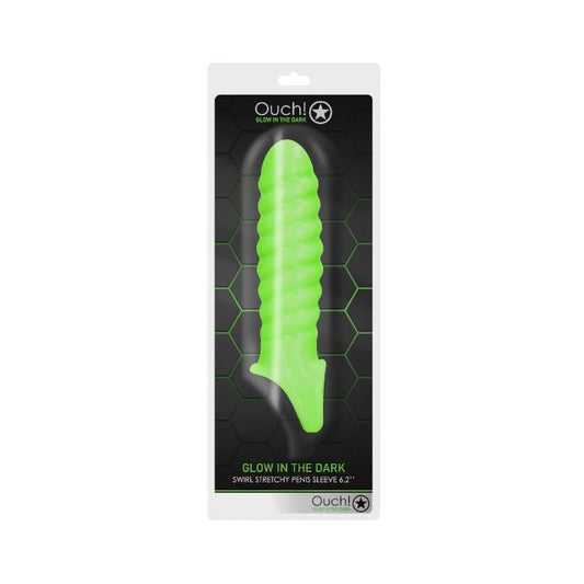 Manșon pentru penis OUCH! Glow In The Dark Penis Sleeve 6.2”, design spiralat, cu inel pentru testicule, 15 cm, verde fosforescent