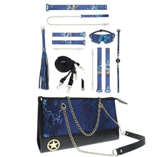 Set OUCH! Kit with Bag - Florence Collection, 9 produse pentru jocuri BDSM, cu cătușe, mască, lesă, căluș, bici și geantă, albastru