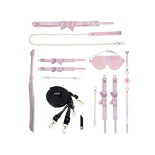 Set OUCH! Kit with Bag - Paris Collection, 9 produse pentru jocuri BDSM, cu cătușe, mască, lesă, căluș, bici și geantă, roz cu alb