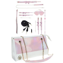 Set OUCH! Kit with Bag - Paris Collection, 9 produse pentru jocuri BDSM, cu cătușe, mască, lesă, căluș, bici și geantă, roz cu alb