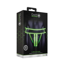 Chilot sexy bărbați OUCH! Striped Jockstrap Glow In The Dark, cu benzi subțiri pe fese, negru cu verde fluorescent, L/XL