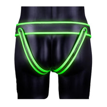 Chilot sexy bărbați OUCH! Striped Jockstrap Glow In The Dark, cu benzi subțiri pe fese, negru cu verde fluorescent, L/XL