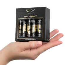 Kit ulei masaj Orgie - Sexy Therapy, pentru corp, cu aroma de vanilie, iasomie, ananas, frezie, lemnos, 3 x 30 ml