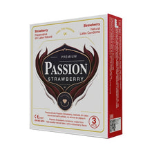 Prezervative PASSION Strawberry, din latex natural, lubrifiate și rezistente, diametru 52 mm, cu aromă de căpșuni, 3 buc