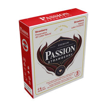 Prezervative PASSION Strawberry, din latex natural, lubrifiate și rezistente, diametru 52 mm, cu aromă de căpșuni, 3 buc