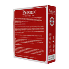 Prezervative PASSION Strawberry, din latex natural, lubrifiate și rezistente, diametru 52 mm, cu aromă de căpșuni, 3 buc