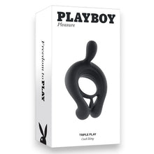 Inel vibrator pentru penis PLAYBOY Triple Play, control cu telecomandă, 9 funcții de vibrație, din silicon, rezistent la apă, negru