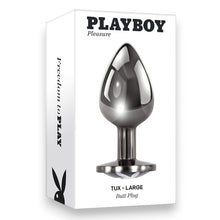 Plug anal PLAYBOY Tux - Large, din aluminiu, bază cu logo Playboy, lungime 9.5 cm, diametru 3.9 cm (mărime L), argintiu