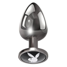 Plug anal PLAYBOY Tux - Large, din aluminiu, bază cu logo Playboy, lungime 9.5 cm, diametru 3.9 cm (mărime L), argintiu