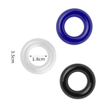 Set 3 inele pentru penis LOVETOY Power Plus Triple Donut Ring Set, din TPE, diametru 1.8 cm, culori albastru, alb și negru