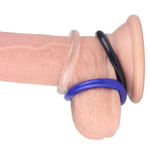 Set 3 inele pentru penis LOVETOY Power Plus Triple Donut Ring Set, din TPE, diametru 1.8 cm, culori albastru, alb și negru
