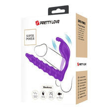 Inel vibrator pentru penis cu dildo PRETTY LOVE Blackney, pentru dublă penetrare, 7 funcții de vibrație, din silicon, mov