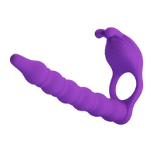 Inel vibrator pentru penis cu dildo PRETTY LOVE Blackney, pentru dublă penetrare, 7 funcții de vibrație, din silicon, mov