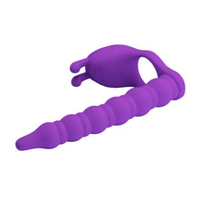 Inel vibrator pentru penis cu dildo PRETTY LOVE Blackney, pentru dublă penetrare, 7 funcții de vibrație, din silicon, mov