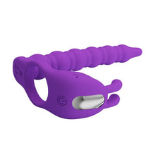 Inel vibrator pentru penis cu dildo PRETTY LOVE Blackney, pentru dublă penetrare, 7 funcții de vibrație, din silicon, mov