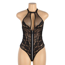 Lenjerie teddy Subblime R81046-1, din dantela cu motive florale si fermoar metalic, culoare neagra, S/M
