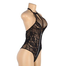 Lenjerie teddy Subblime R81046-1, din dantela cu motive florale si fermoar metalic, culoare neagra, S/M