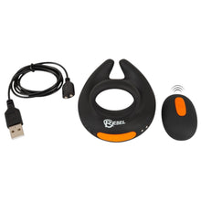 Inel dublu pentru penis REBEL Scrotum Stimulator, control prin telecomandă, 10 funcții de vibrație, negru cu portocaliu