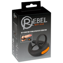 Inel dublu pentru penis REBEL Scrotum Stimulator, control prin telecomandă, 10 funcții de vibrație, negru cu portocaliu