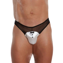 Chilot sexy bărbați SOFTLINE Thong 4467, cu design tuxedo cu papion, din plasă și satin, negru cu alb, mărime M/L