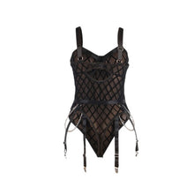 Lenjerie sexy 2 piese SUBBLIME Body with Chains, Teddy din plasă cu lanțuri + Portjartier, culoare negru, mărime S/M, model 954260