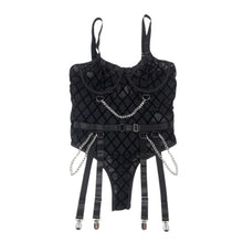 Lenjerie sexy 2 piese SUBBLIME Body with Chains, Teddy din plasă cu lanțuri + Portjartier, culoare negru, mărime S/M, model 954260