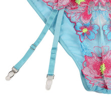 Lenjerie sexy 3 piese SUBBLIME, Sutien + Chilot + Portjartier, model cu plasă și design floral, culoare albastru cu roz, mărime S/M, model 954109