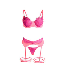 Lenjerie sexy 3 piese SUBBLIME Bra with Lace Garter, sutien, chilot tanga și portjartier, mov și roz, mărime S/M (955359)