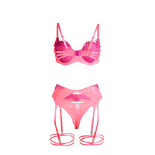 Lenjerie sexy 3 piese SUBBLIME Bra with Lace Garter, sutien, chilot tanga și portjartier, mov și roz, mărime S/M (955359)