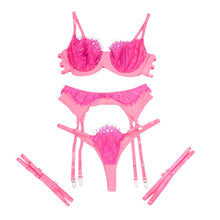 Lenjerie sexy 3 piese SUBBLIME Bra with Lace Garter, sutien, chilot tanga și portjartier, mov și roz, mărime S/M (955359)