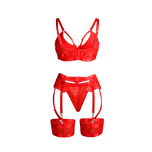 Lenjerie 4 piese SUBBLIME Red Bondage, sutien și portjartier cu decupaje sexy, chilot tanga și jartiere, roșu, mărime S/M (955250)