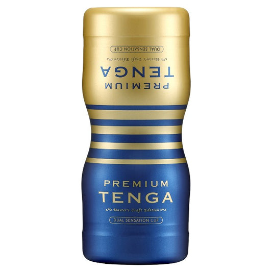 Masturbator manual TENGA Premium Dual Sensation Cup, cu 2 canale texturate pentru stimulare intensă, albastru și auriu