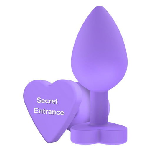 Plug anal TOYJOY Anal Play Booty Sweethearts, cu mesaj „Secret Entrance” pe baza în formă de inimă, diametru 3.5 cm, mov