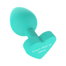 Plug anal TOYJOY Anal Play Booty Sweethearts, cu mesaj „Your Ass is Mine” pe baza în formă de inimă, diametru 3.5 cm, verde