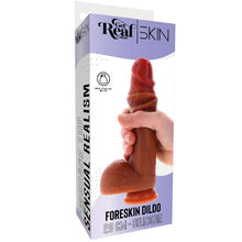 Dildo TOYJOY Get Real Foreskin Dildo, realist cu testicule, bază cu ventuză, compatibil cu hamuri strap-on, 20 cm, culoare caramel