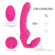 Vibrator dublu TOYZ4LOVERS Elys Love Gun, strap-on fără ham, control prin telecomandă, cu vibrații multiple, 21.8 cm, roz