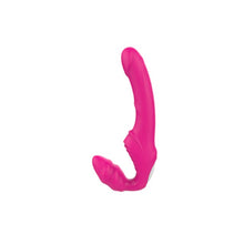 Vibrator dublu TOYZ4LOVERS Elys Love Gun, strap-on fără ham, control prin telecomandă, cu vibrații multiple, 21.8 cm, roz