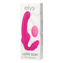 Vibrator dublu TOYZ4LOVERS Elys Love Gun, strap-on fără ham, control prin telecomandă, cu vibrații multiple, 21.8 cm, roz