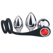 Set plug anal TOYZ4LOVERS Elys Pleasure Bully, 3 dopuri anale cu inel detașabil pentru penis, lungimi 5 - 6.9 cm, argintiu cu negru
