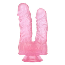 Dildo dublu TOYZ4LOVERS, pentru dublă penetrare, bază cu ventuză pentru fixare, 17.5 cm, culoare roz