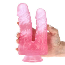 Dildo dublu TOYZ4LOVERS, pentru dublă penetrare, bază cu ventuză pentru fixare, 17.5 cm, culoare roz