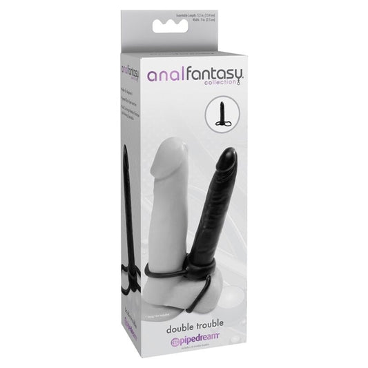 Inel dublu pentru penis cu dildo PIPEDREAM Anal Fantasy, pentru dublă penetrare, lungime 13.1 cm, negru