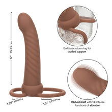Strap-On CALEXOTICS - MAXX RIBBED, pentru dubla penetrare, 10 functii de vibrare, 15 cm, maro