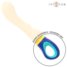 Vibrator INTENSE SHAGGY, design curbat pentru stimularea punctului G, rezistent la apă, lungime inserabilă 12.7 cm, galben cu albastru